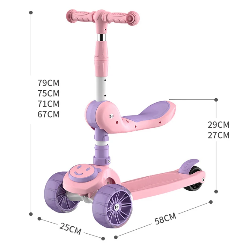 Kids Foldable Kick Scooter For Boys Girls Cycling Foot Scooters With Music,Seat,Flash Wheels 67cm-79cm Adjustable Height