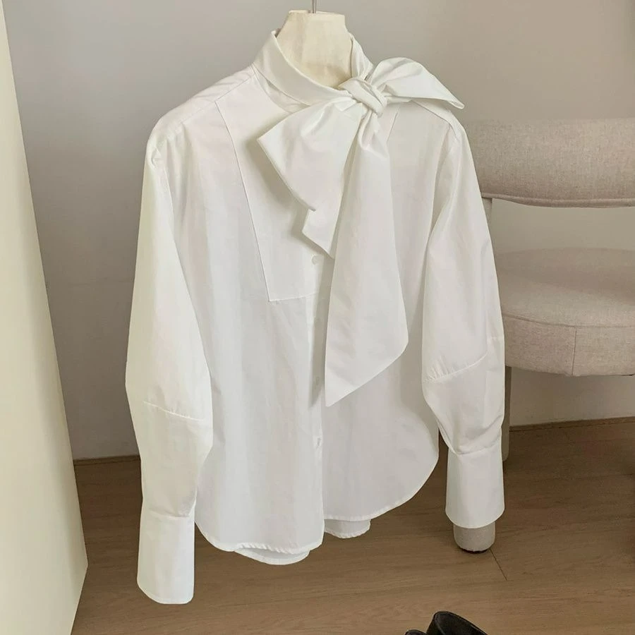 

White Ribbon Bow Shirt for Women Autumn New Causal Long Sleeved Top Shirts