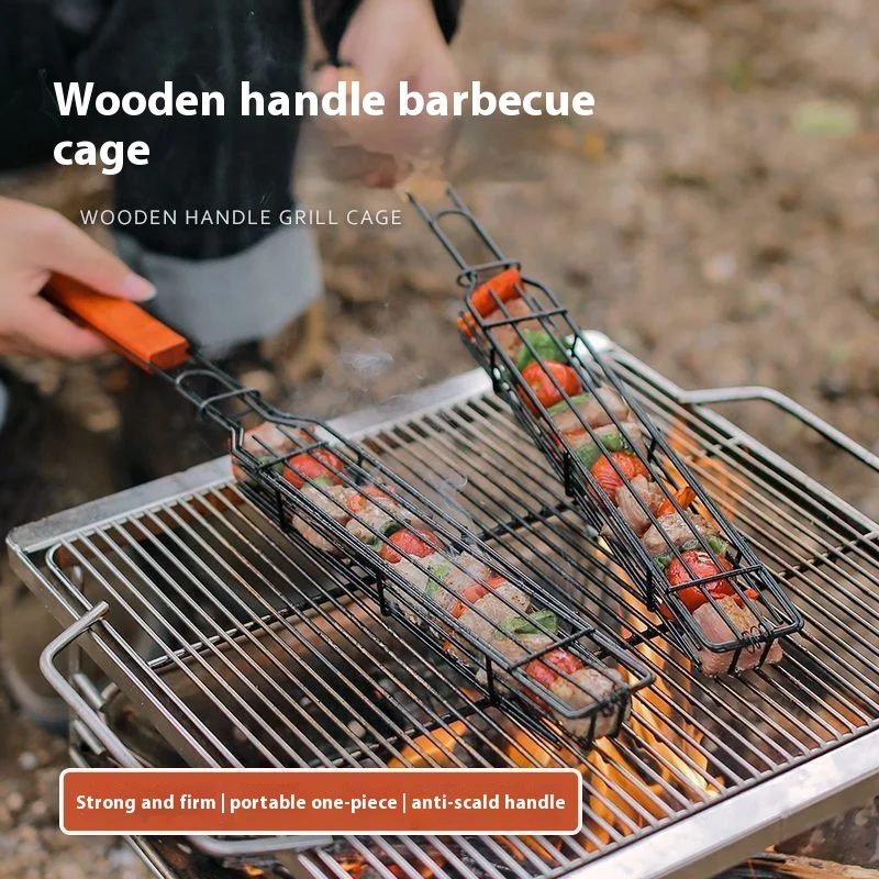 2pcs Outdoor Wooden Handle Barbecue Cage Camping Meat Sausages and Vegetable Barbecue Net Rack Picnic Backyard Barbecue Tools