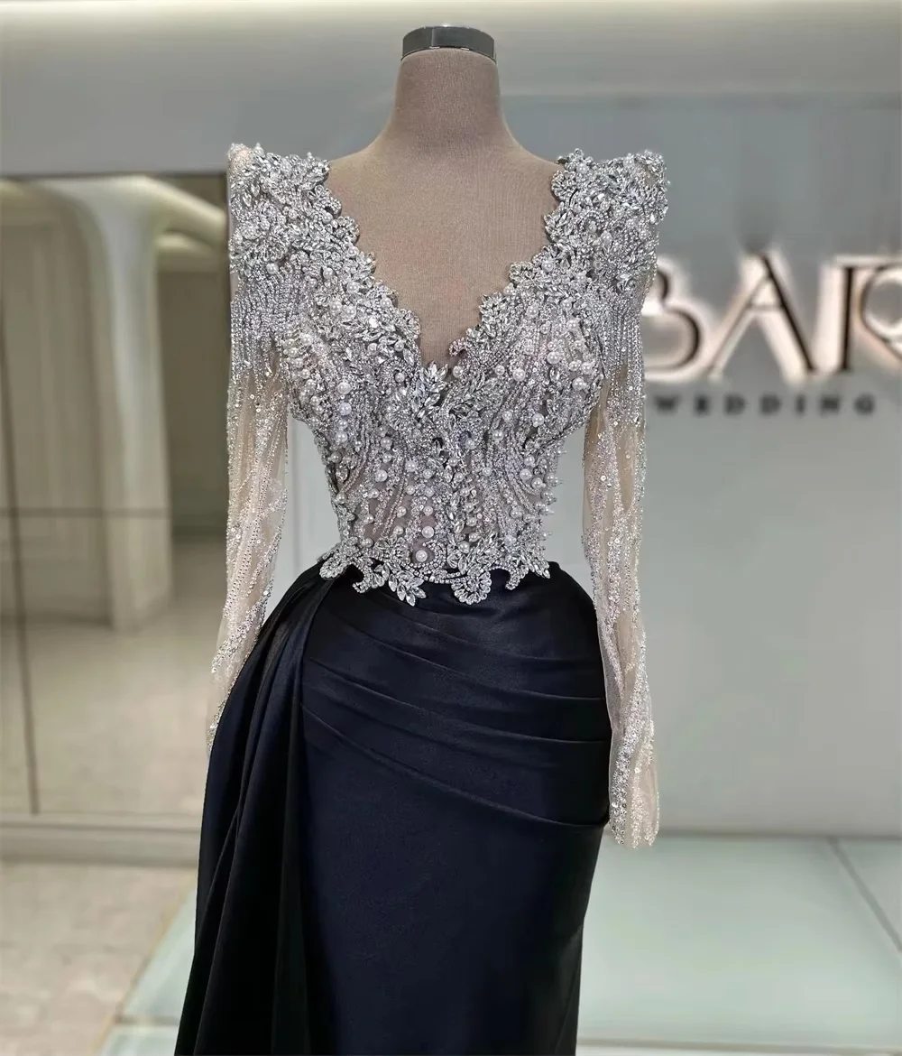 Black Long Sleeves Evening Dresses Mermaid Beaded Saudi Arabia Dubai Robe De Soiree Middle Eastern Prom Dress Gown Customized