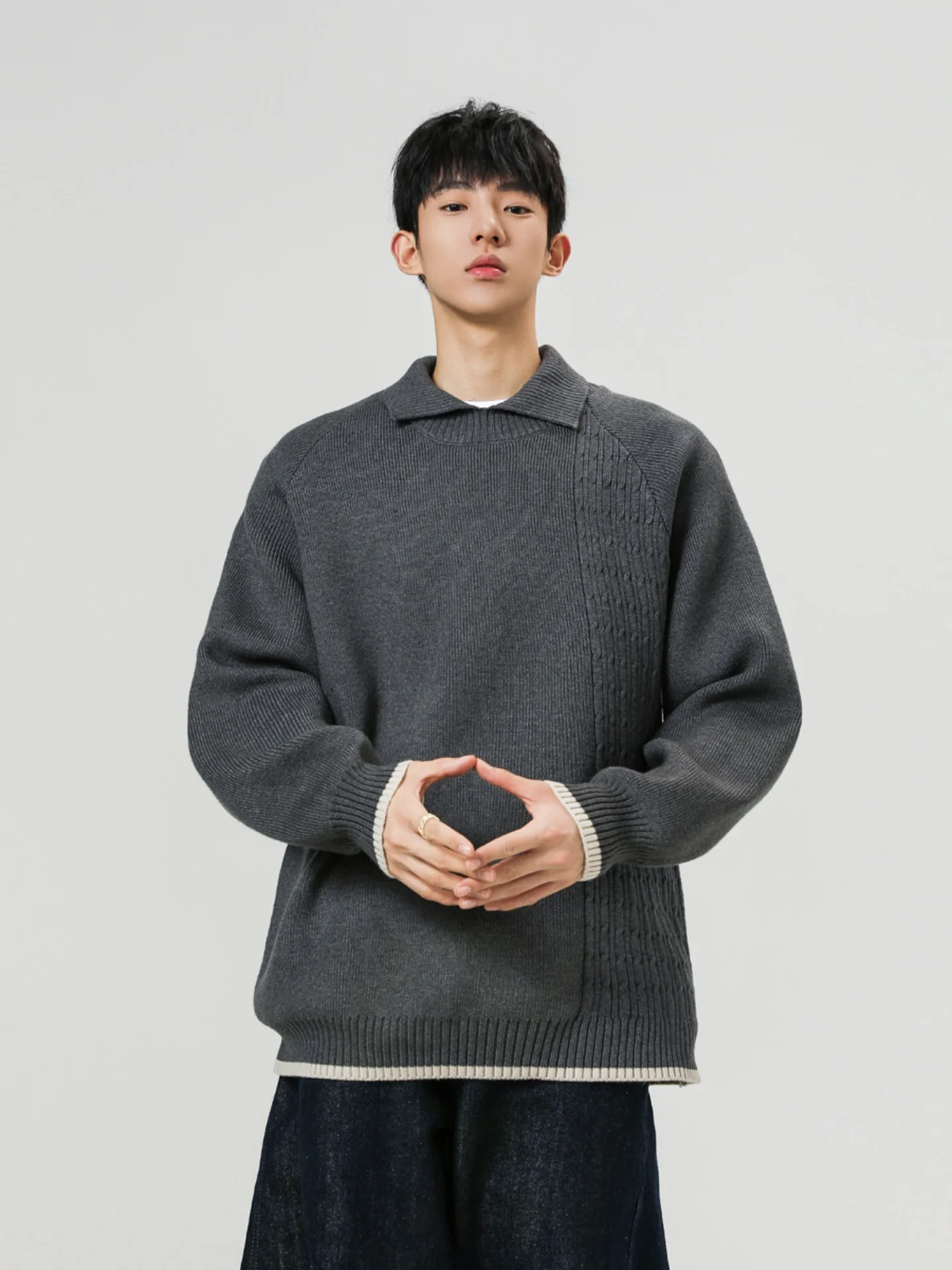 

Мужской осенне-зимний свитер свободного кроя American Style из мягкого хлопкового бленда с длинным рукавом и круглым вырезом