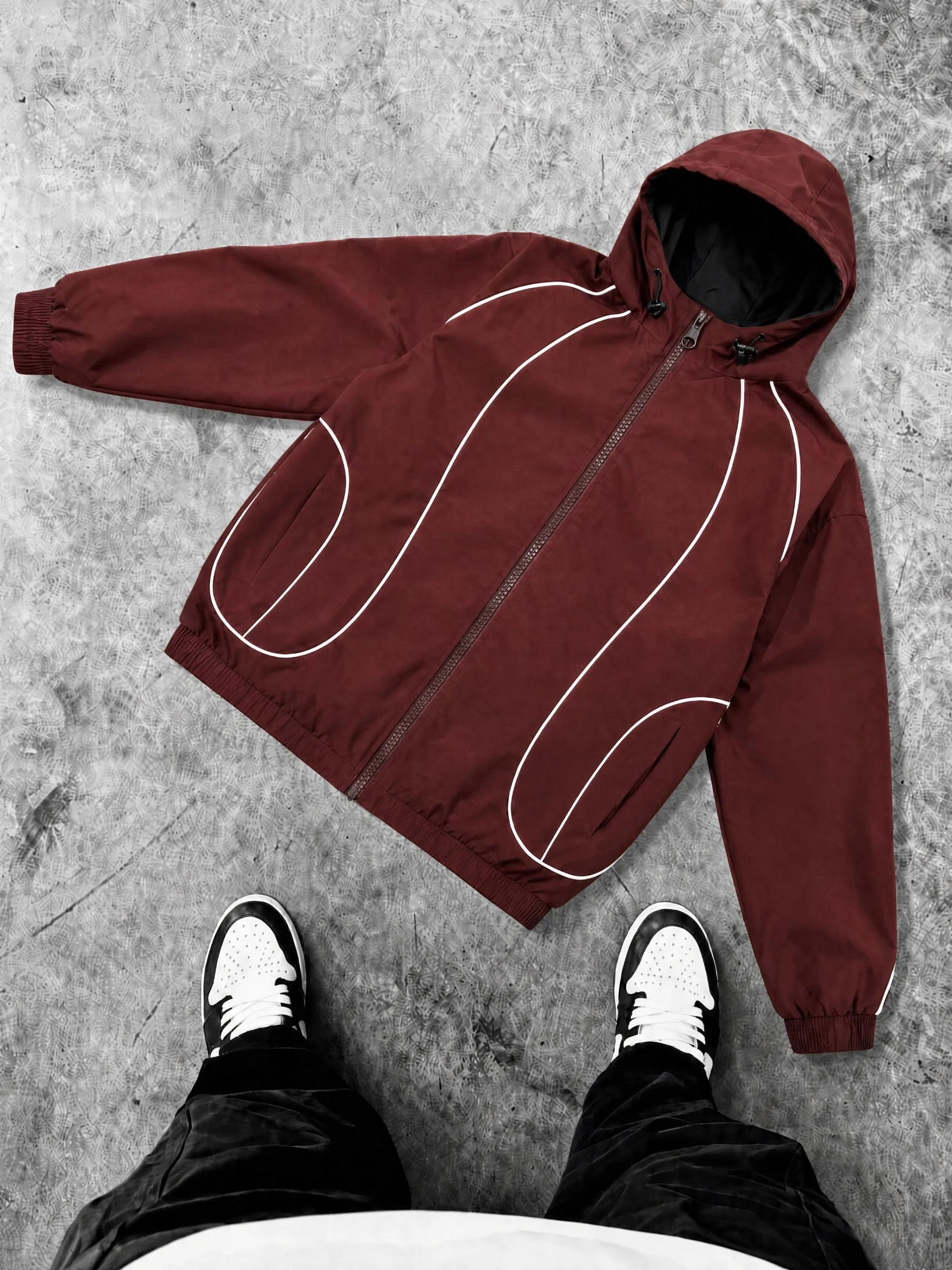 Men Streetwear Multi-color Hooded Jacket With White Outline Lines, Elastic Cuff & Hem, Loose Windproof Coat, Adjustable Drawstring Hood, Casual Sport Outerwear For Autumn