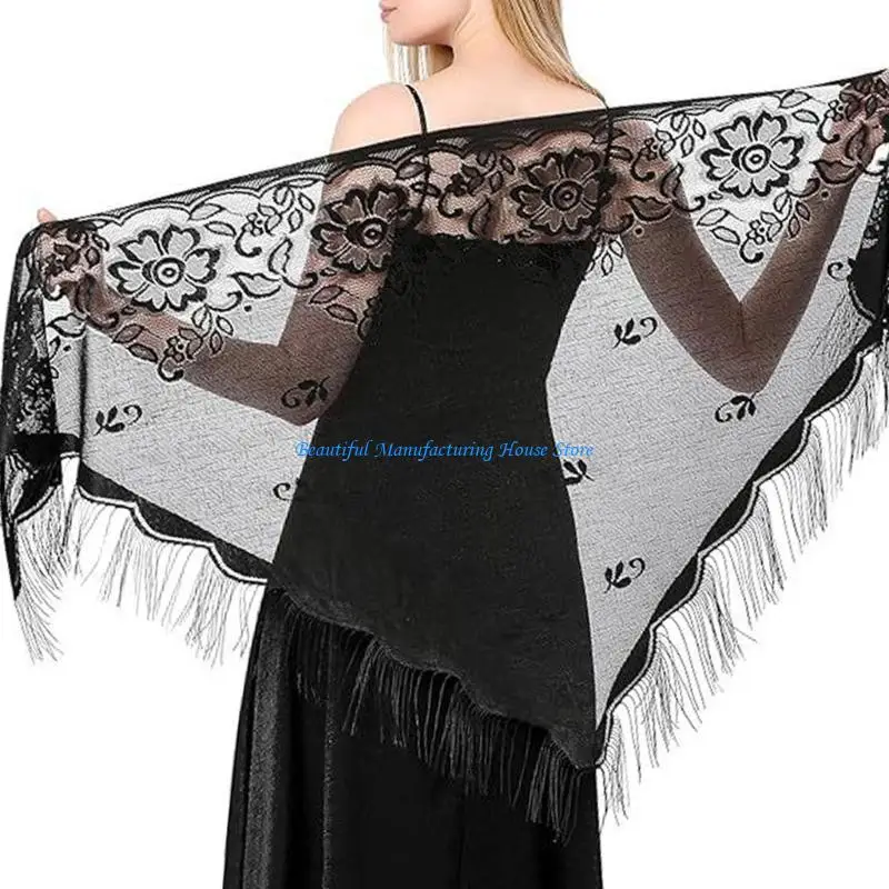 E56A Woman Mantilla Lace Shawl Wedding Church Tulle Scarf Soft Sheer Wrap Wedding Mantilla Shawl Lace Shrug