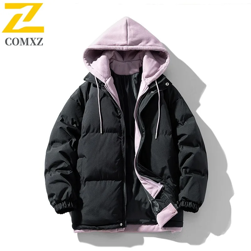 COMXZ Padding Coat Fake Two Piece Design Hood Camping Windproof Parka Loose Thickened Cold Protection Autumn Winter Trench Coat