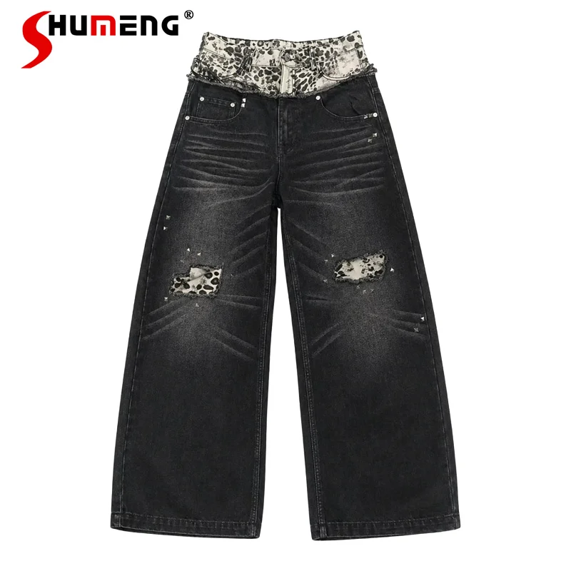 

Men's Women's 2026 Summer Comfort Versatile Denim Pants Fashion Hole Leopard Print Rivet Curved Jeans High Street Denim Trousers