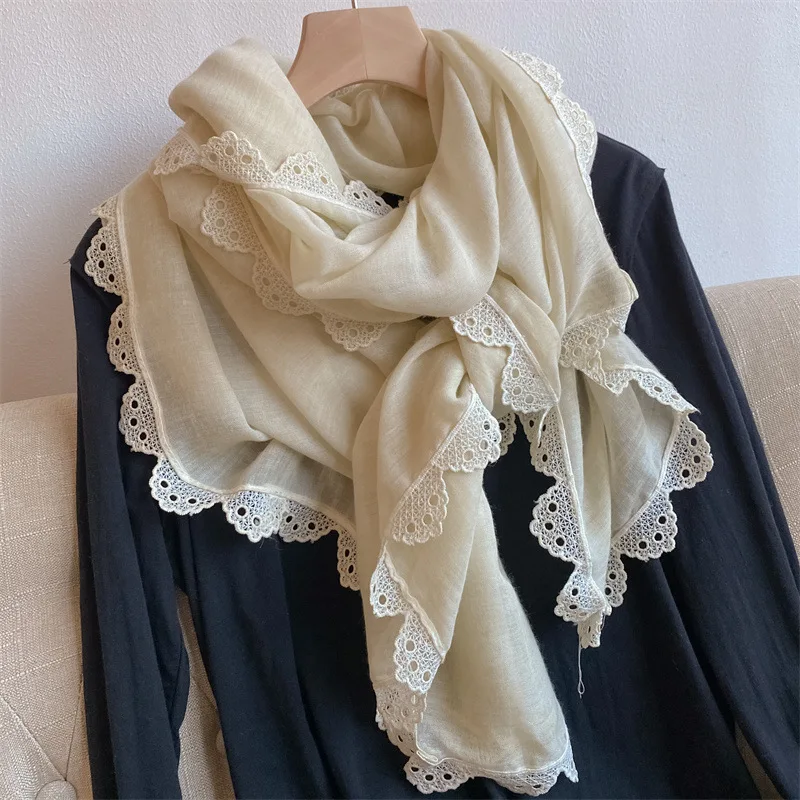 

Fresh Elegant Crochet Lace Thin Scarf for Women, Fashionable Outerwear Shawl Decorative Long Scarf