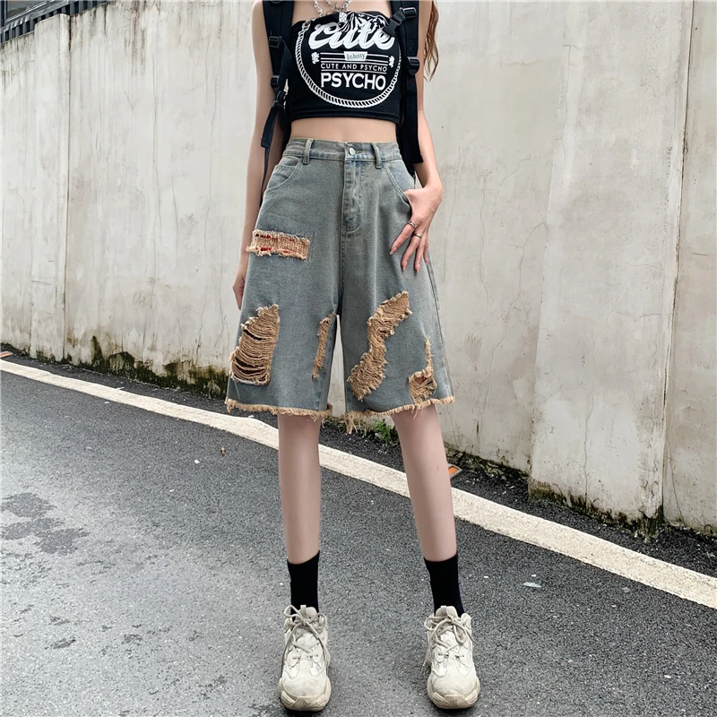 Vintage Shorts Women Frayed Streetwear High Waist Trouser Hole Hip-hop Trendy Summer Knee Length Denim European Style Leisure