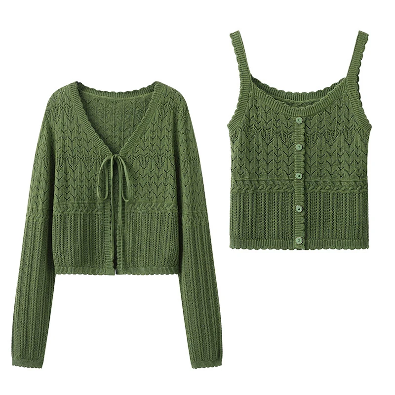 グリーン V ネック ニット セーターとタンクトップ 2 点セット レディース ファッション 春服 ワイド スタイル 通勤 シンプル デザイン