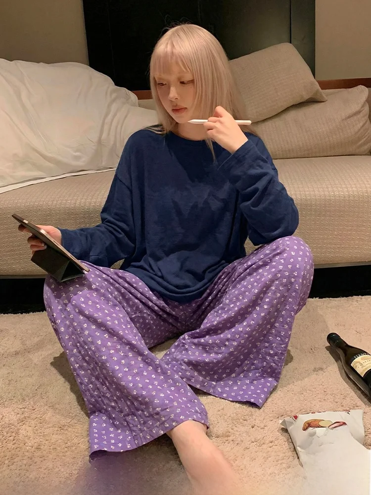 Comfortable Purple Floral Wide Leg Pants Women's Spring Autumn Style Casual Home Leisure Sleepwear High Waist Long Trousers