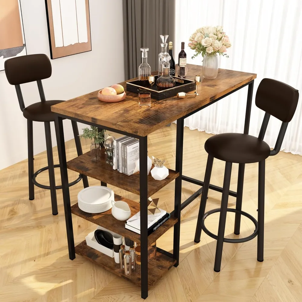 

Dining Table Set for 2, Counter Height Pub Table with 2 PU Leather Widen Backrest Bar Stools & 3 Storage Shelves, Bar Chairs Se