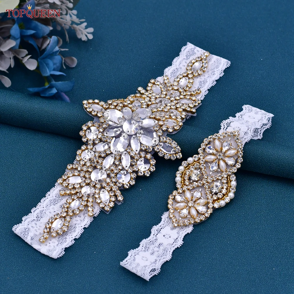 

TOPQUEEN THS01-G Wedding Garter White Lace Elastic Belt Gold Decoration Sparkly Sexy Female Women Bridal Leg Ring Rhinestones