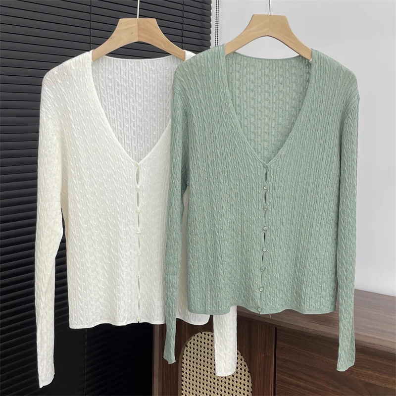 여성용 가디건 신상 신축성 니트 V넥 긴팔 가을 2025 싱글 슬림 얇은 코트 울 혼방 스웨터