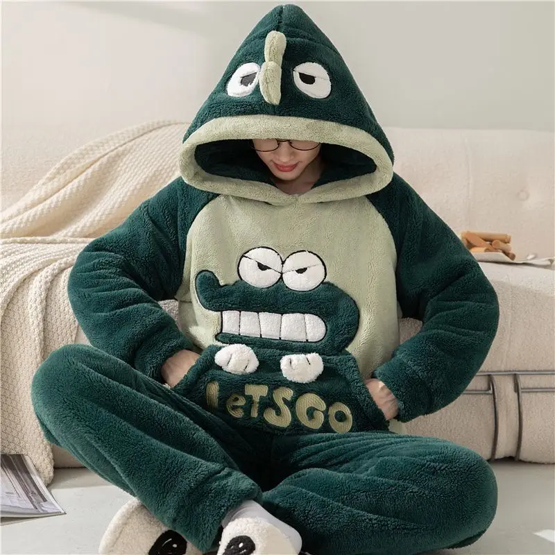 Thick Fur Flannel Cartoon Male Loungewear Sets Plus-size Loungewear Suit Pyjamas Autumn Winter Homewear Coral Fleece Men Pajamas