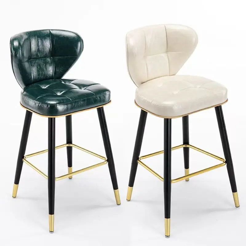 

!@Luxury High Stool Leather Kitchen Island Counter Height Bar Chairs Metal Black Leg Upholstered Seat for Bars