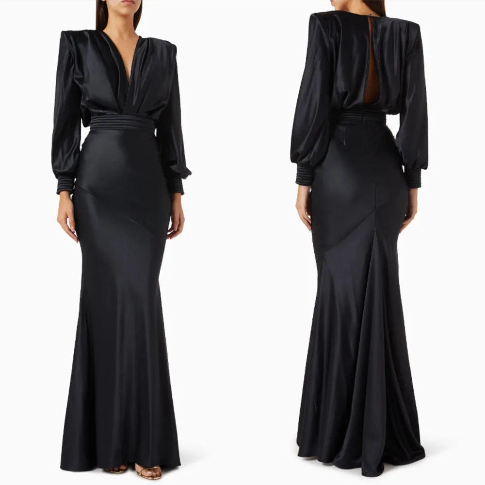 

High Quality Customized Floor Length V-neck Black Full Sleeves Robe De Soirée Luxe 2025 Vestidos De Fiesta Para Bodas فستان 드레스