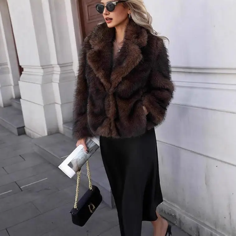 

Women's Faux Fur Coat Winter Fluffy Casual Suit Collar Jaet Top Waist-Cinching Long Sve ort Length with Hat