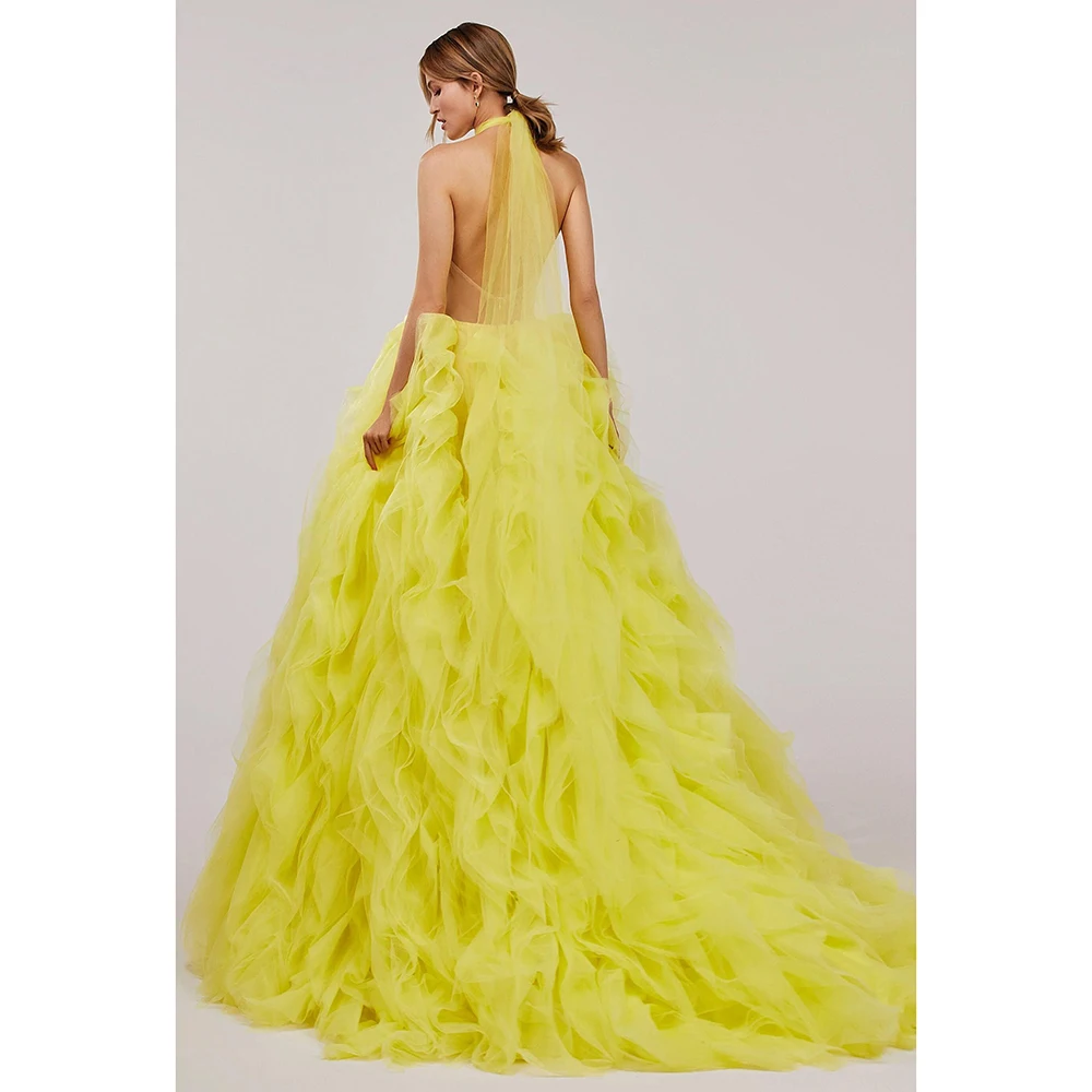 LAIDITYA-vestido de graduación amarillo elegante sin mangas con cuello Halter, vestidos fruncidos escalonados, tren de corte elegante, vestidos de noche de fiesta de línea a