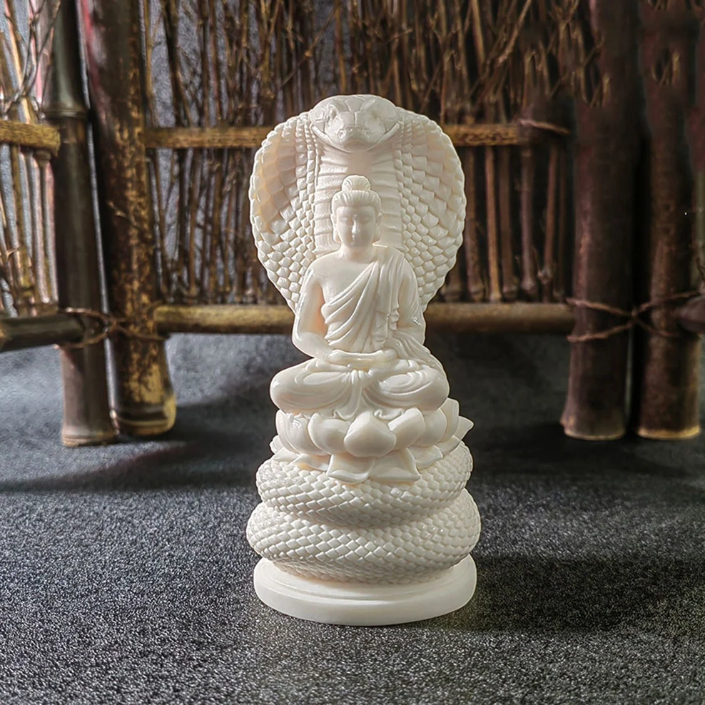 Ivory fruit carving Tathagata Buddha Statue, snake protecting Buddha Ornament, Chinese Zen decorations for home, living room
