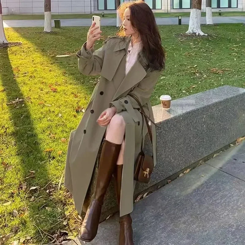 Streetwear Loose Trench Coat Midi Length Fashion Korean Elegant Khaki Black Women\'s Windbreaker Coat Casual Double Breasted Tops