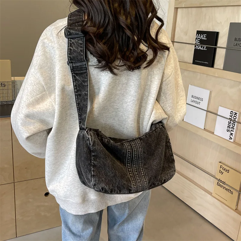 

Women Fashion Denim Satchel Bags Casual Handbags Adjustable Strap Vintage Shoulder Bag Solid Color Large Capacity Shopping bolsa