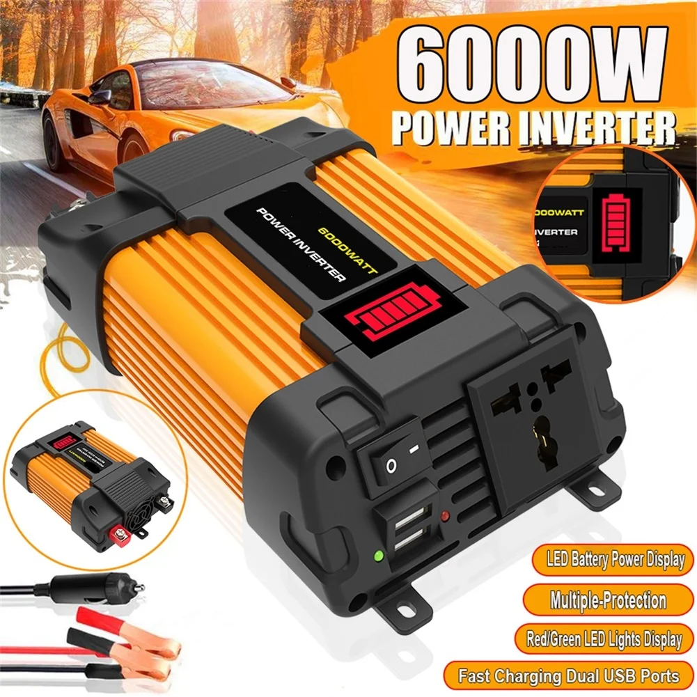 Cinco barras de nivel de batería, convertidor de 12V a 220V, inversor de corriente de 6000W, protección contra sobrecarga, protección contra bajo voltaje