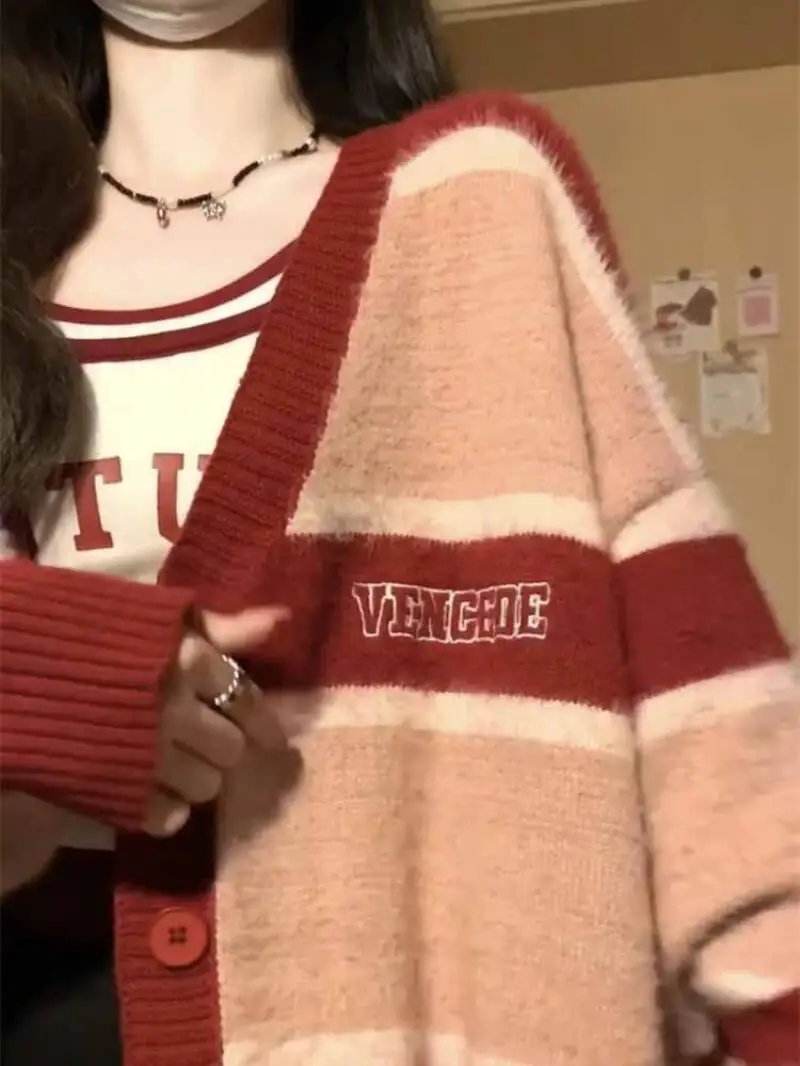 Pull femme chaud tricots manteau printemps rouge couleur bloc tricot portable Midi ample épais Cardigan