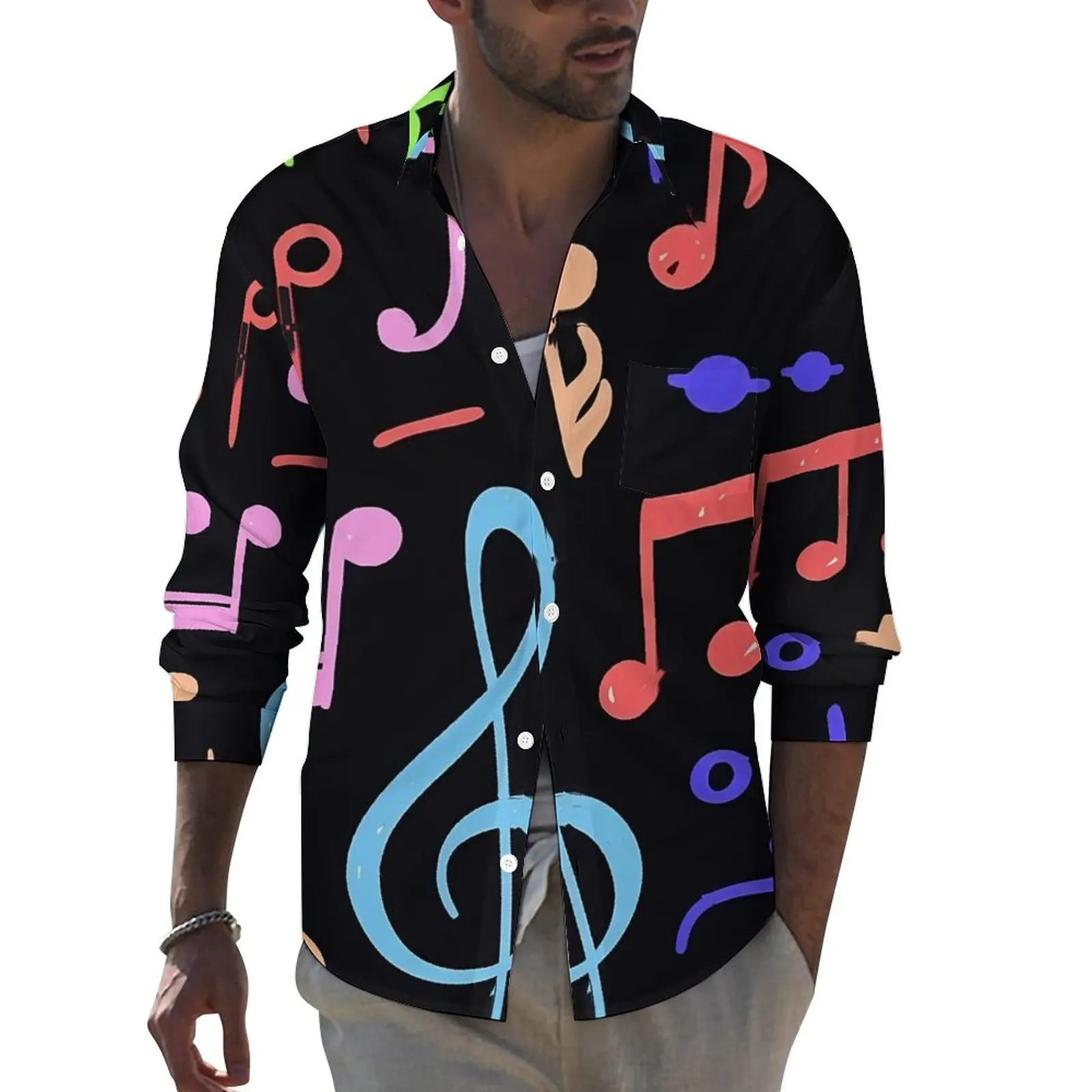 

Music Notes Casual Shirts Man Colorful Print Shirt Long Sleeve Vintage Harajuku Blouses Spring Custom Tops Plus Size 3XL 4XL