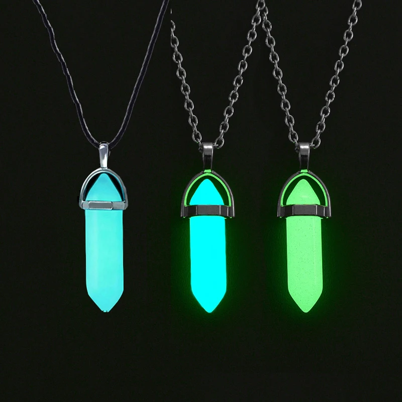 Dark Luminous Stone Fluorescent Hexagonal Column Necklace Natural Crystal Glowing In Bullet Pendant Leather Fashion Jewelry Gift