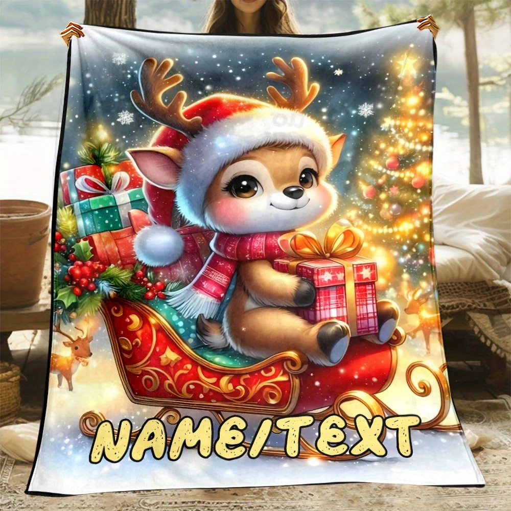 Eine personalisierte, leuchtende, hochauflösende, bedruckte Flanelldecke mit Weihnachtsmotiv und individuellem Namen, bequem und leicht