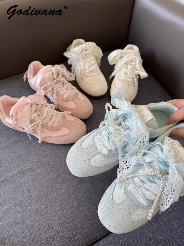 

Оригинальные кружевные туфли с жемчужным бантом, увеличивающие рост, тренировочные туфли Lo для девочек, женские балетки из натуральной кожи, милая спортивная обувь в стиле Лолиты