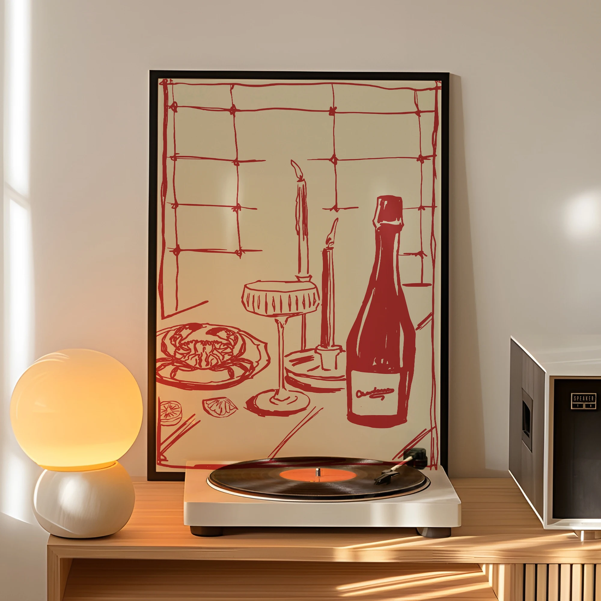 Red Hand Drawn Dining With Wine And Crab Modern Food Art For Pink Kitchen Decor Living Room Bedroom Home Decor