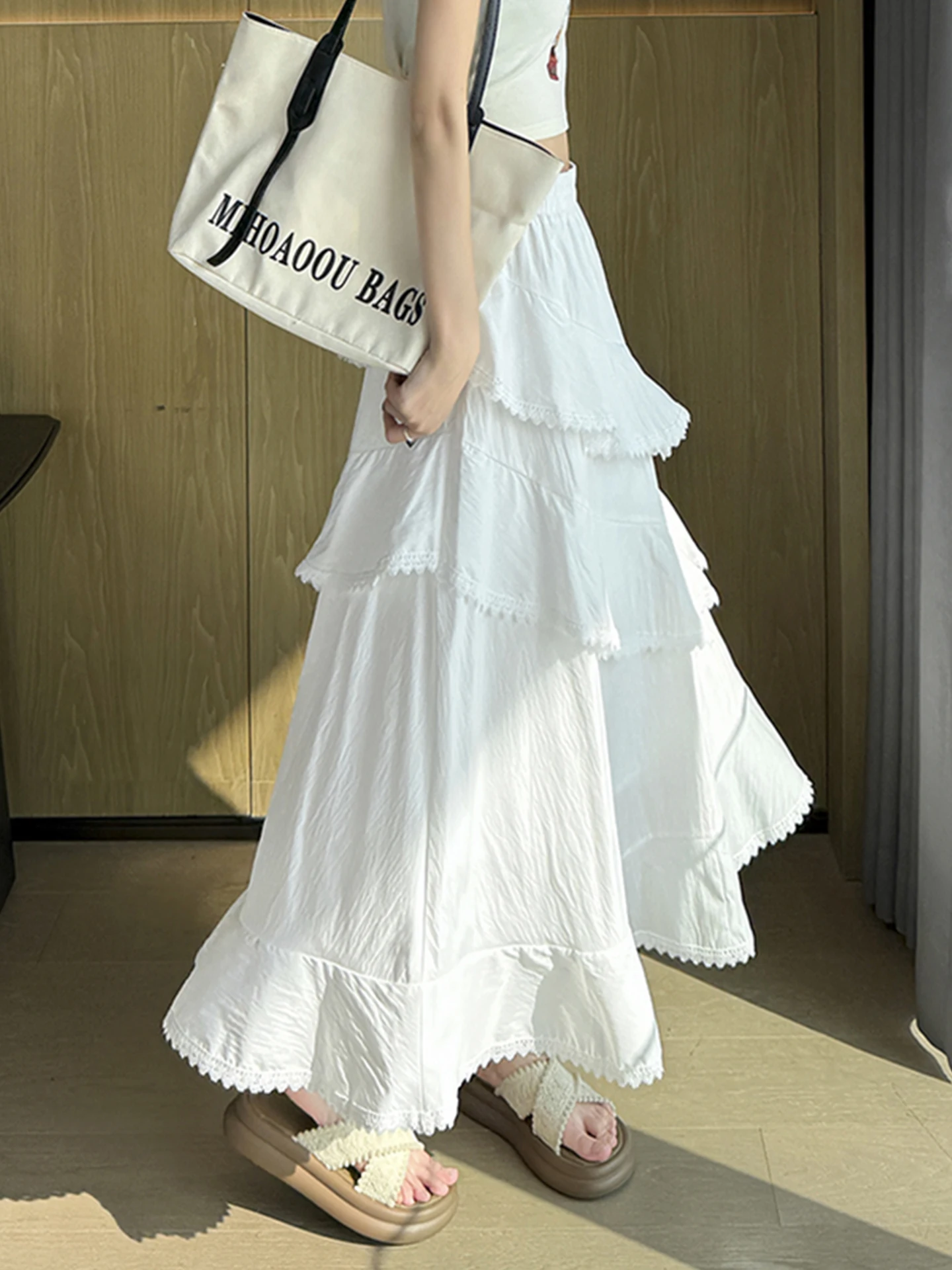 豪華な装飾レーストリム付きハーフスカート、レディース春バレエスタイルaラインアンブレラスカート、オフホワイト、フレアハイウエスト