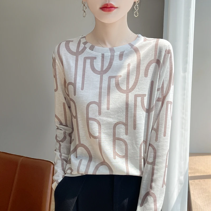 

Весенне-осенний новый камвольный шерстяной свитер с круглым вырезом, нижняя рубашка Джокер, пуловер с длинными рукавами и принтом, длинный рукав