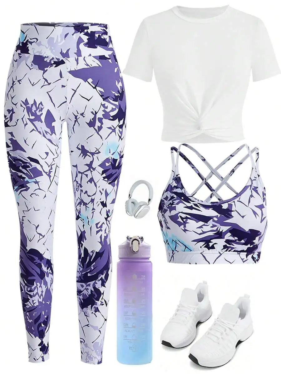 

Women 3 Piece Workout Set Leggings Crop Top Sports Bra Gym Outfit