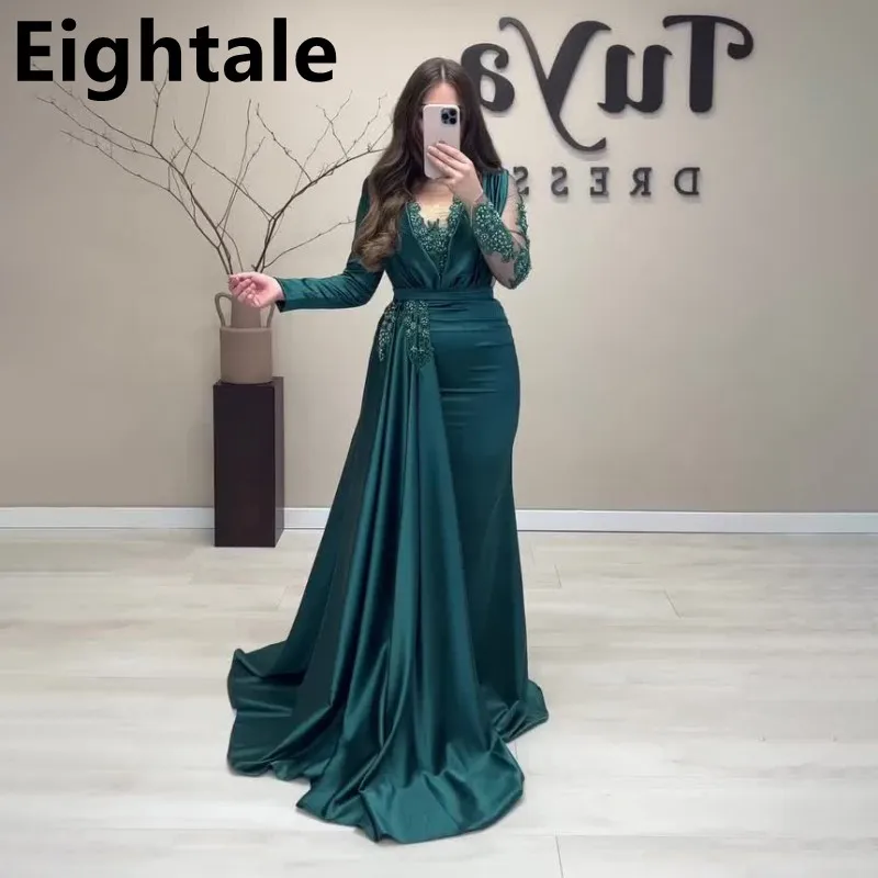 Dark Green Formal Evening Dresses Long Sleeves Mermaid Evening Gowns Beading Elegant Prom Dresses Turkish Couture Robe De Soiree