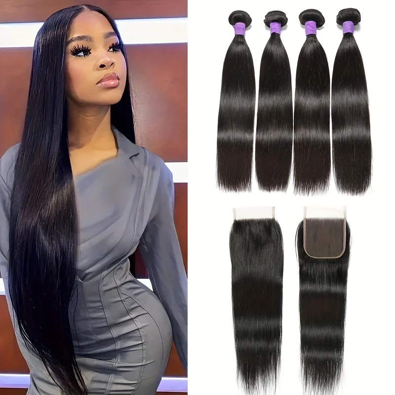 

Straight Hair 4 Bundles With 4x4 Lace Closure Free Part Peruvian Human Hair Bundles With Closure Natural Black Color Human Hair