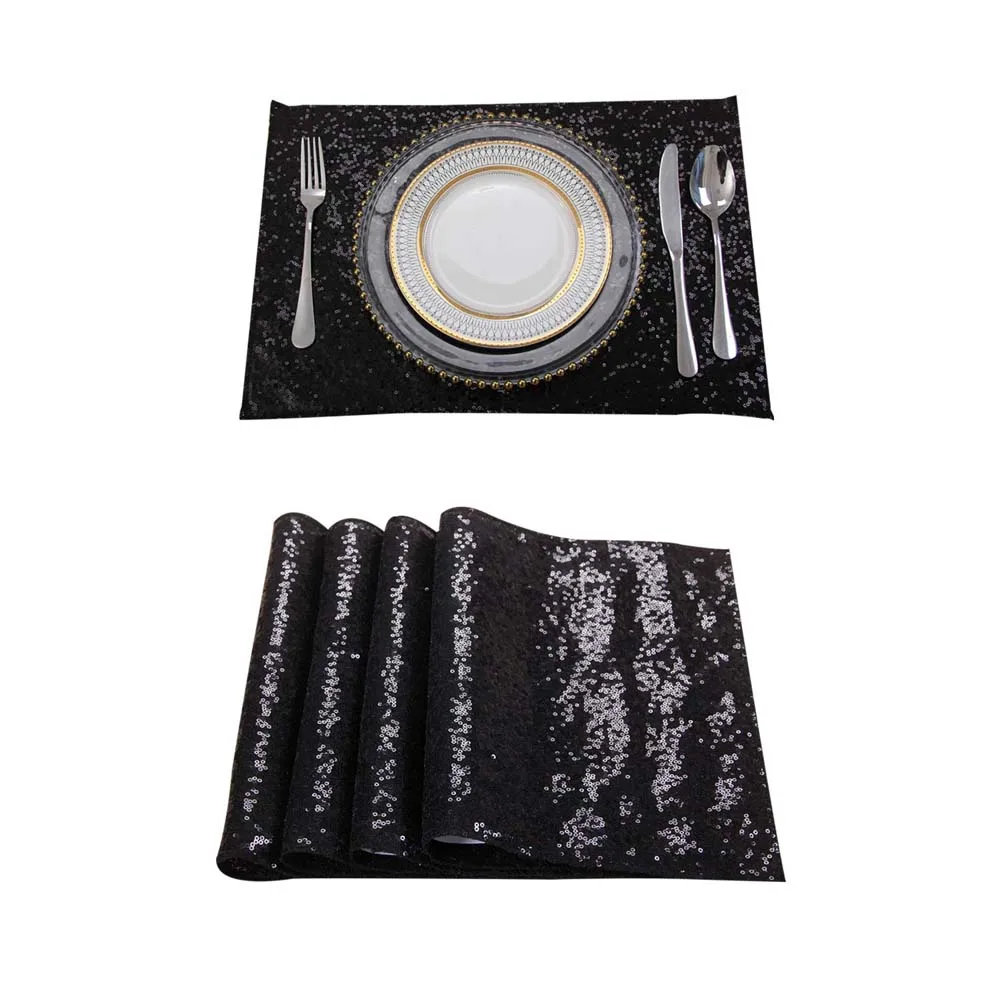 4PCS 30x45cm Sparkly Gold Sequin Placemat Heat-Resistant Dining Table Mats Sliver Table Pads for Party Wedding Xmas Decoration