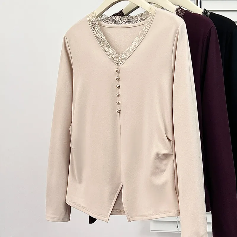 Winter Thiened Long Sve Pure Color Fce Lined Women's Base irt plus Size Lace Trim Inner Wear Top for plus Size Women