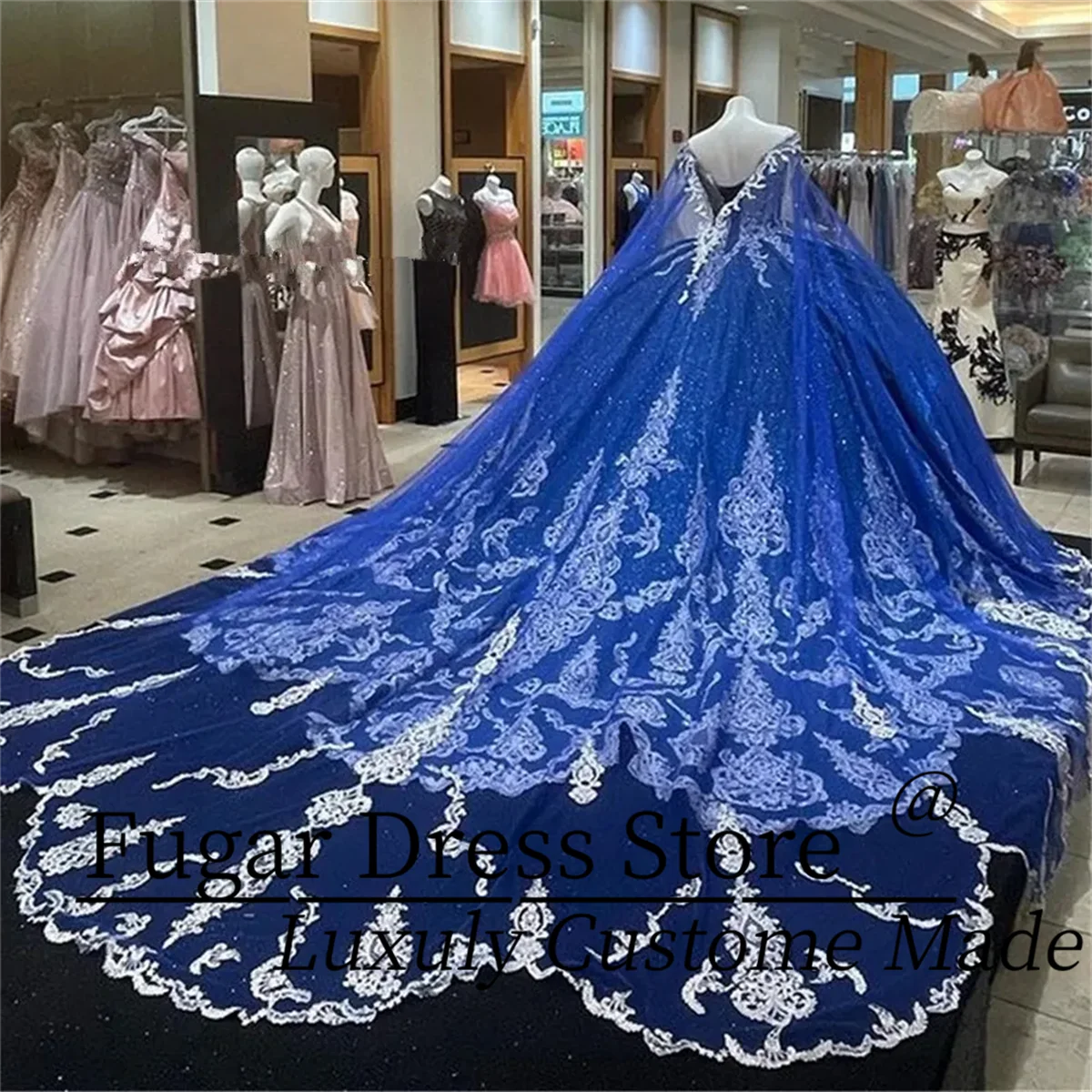 

Блестящие королевские синие платья Quinceanera со шлейфом, бальное платье, вечерние выпускные платья для выпускного вечера с накидкой, милое платье принцессы 15 16