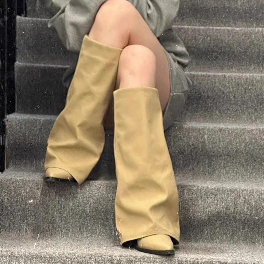 

Khaki Cloth Width Women Knee High Boots Chunky Heels Long Ladies Shoes Pointed Head Botas Mujer Slip-On Sapatos Feminino Winter