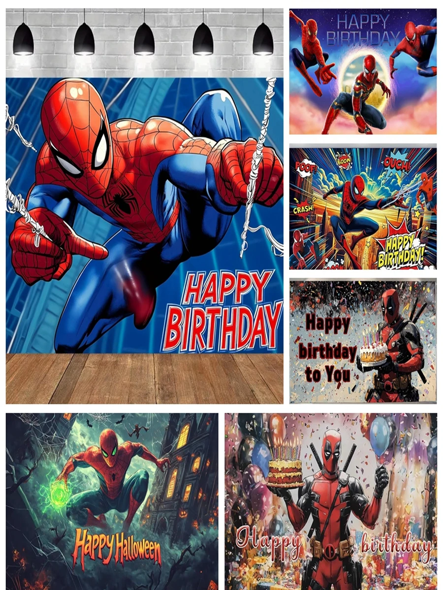 Tło fotograficzne Marvel Spider-Man z własnym imieniem, panoramą miasta, na urodziny dziecka, baby shower, dekoracja do zdjęć. — zdjęcie produktu 7