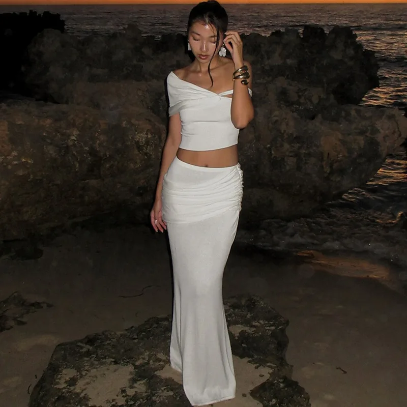 

Шикарный пляжный комплект для похудения, укороченный топ с открытыми плечами, юбка с высокой талией, модная повседневная футболка без рукавов, цвет четверти све