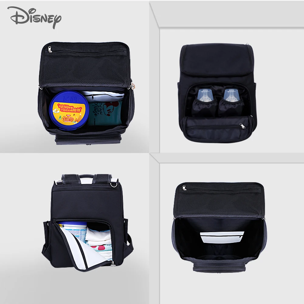 Disney-Bolsa de PU para cochecito de bebé, mochila de viaje para pañales de maternidad, Mickey y Minnie, impermeable, con aislamiento para biberón