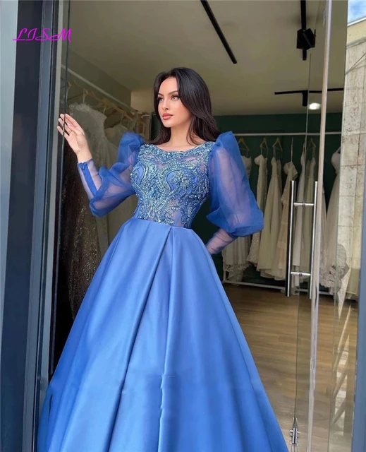 Vintage Royal Blue Prom Dresses Modest Puff Long Sleeves Tulle Lace  Applique Beads Satin Skirt Women Formal Evening Gowns - Prom Dresses -  AliExpress