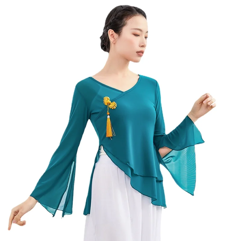 Women Classical Dance Shirt Light Weight Transparent Elastic Mesh Top Horn Long Sleeve Chinese Style Dancewear with Knot Button