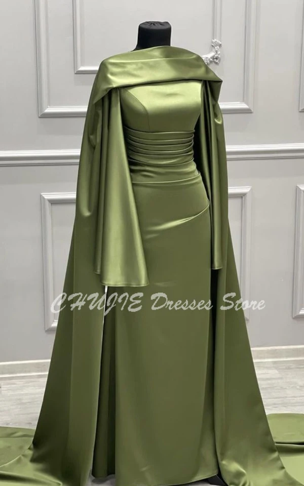 Customized Elegant Olive Green Evening Dress Muslim Formal Dresses Shawl Satin Arabia Long Sleeves