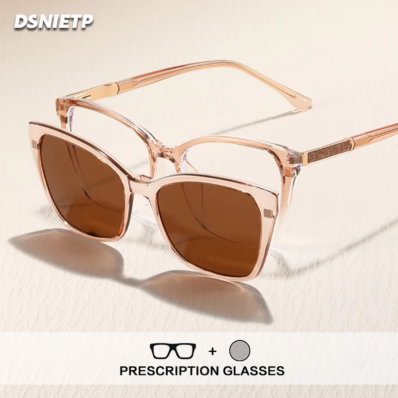 Fashion 2 In 1 Magnet Clip On Reading Glasses Women Anti Blue Light Myopia Prescription Glasses Polarized Driving Sunglasses