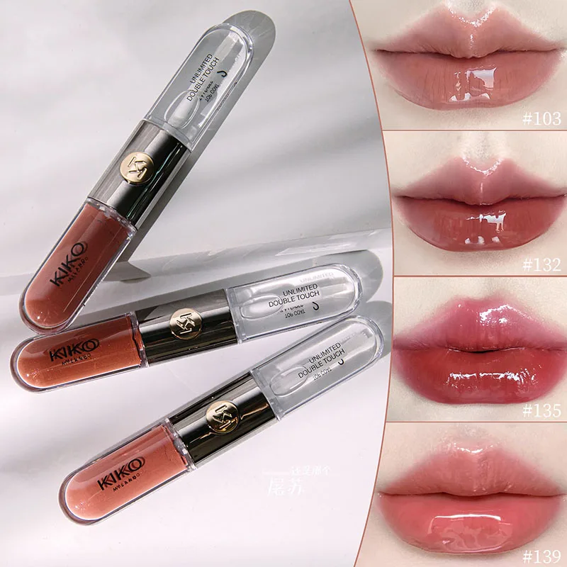 New Kiko Double Headed Lipstick Transparent Mirror Lip Gloss Non Fading Oil Sexy Rich Lip Gloss Milk Tea Bean Paste Naked Makeup