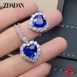 ZDADAN 925 Sterling Silver Heart Blue Crystal Necklace Ring Set For Women Wedding Jewelry Gift