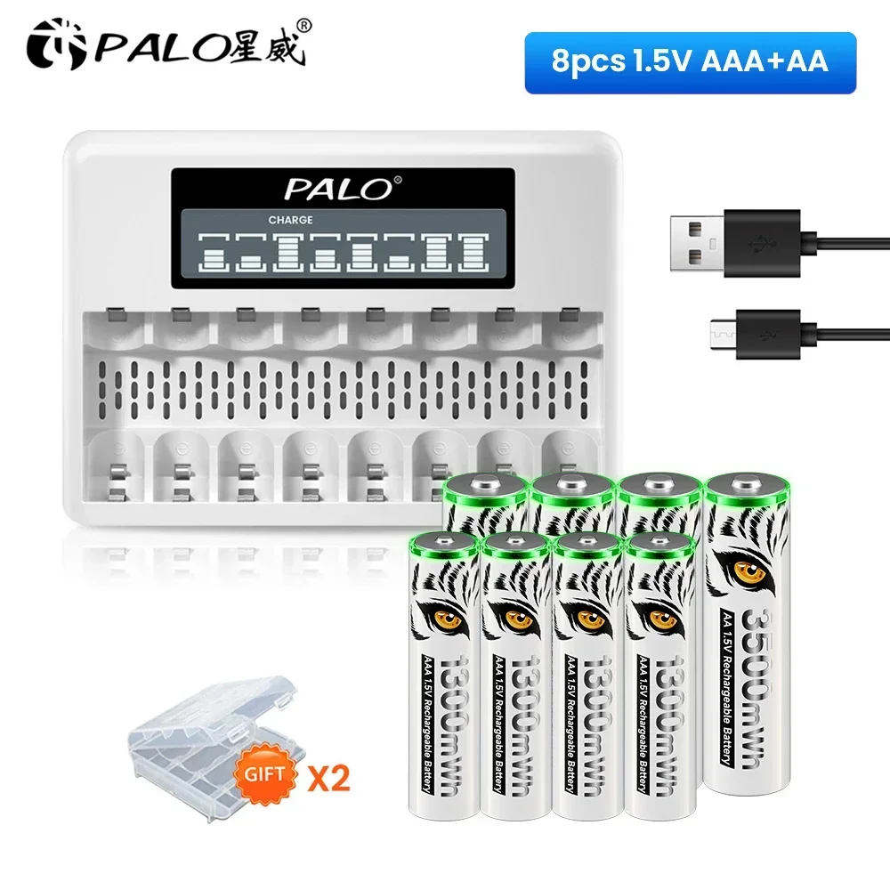 PALO 1.5V AA AAA Rechargeable Li-Ion Battery AAA AA Lithium ion Batteies With LCD USB USB Charger for 1.5V AA AAA Battery